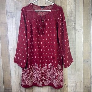 BeBop Large Dark Red & White Print Tunic/Mini Dress w/Lace Neck and Back